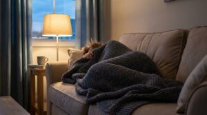 Une personne allongée sur un canapé, recouverte d'une couverture lestée grise, dans une pièce à l'ambiance calme et feutrée.
