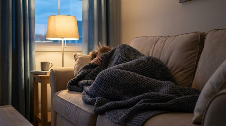 Une personne allongée sur un canapé, recouverte d'une couverture lestée grise, dans une pièce à l'ambiance calme et feutrée.