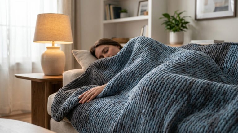 Une femme se repose paisiblement sous une couverture lestée en grosse maille bleue sur un canapé confortable.
