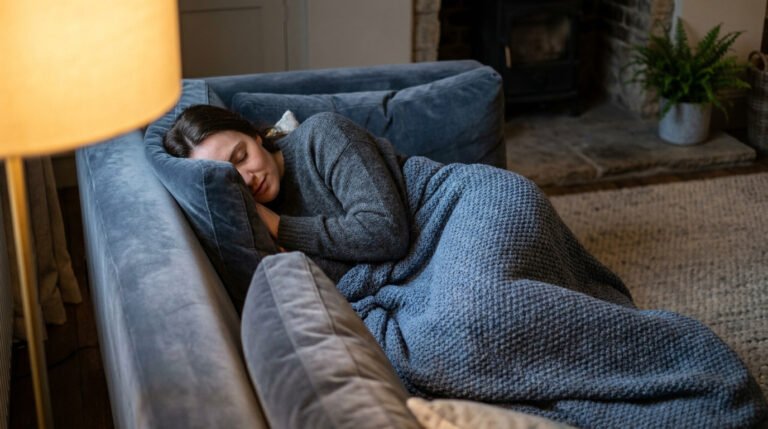 Une femme se repose paisiblement sur un canapé, enveloppée dans une couverture lestée texturée grise.