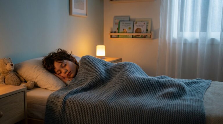 Un petit garçon dort paisiblement dans son lit, recouvert d'une couverture lestée bleue sous une lumière tamisée.