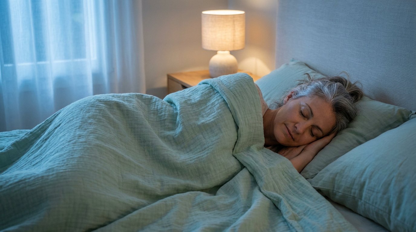 Une femme d'âge mûr dort paisiblement dans un lit avec une couverture légère de couleur vert menthe.