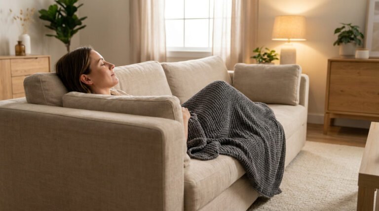 Femme détendue allongée sur un canapé beige, recouverte d'une couverture lestée grise dans un salon lumineux.