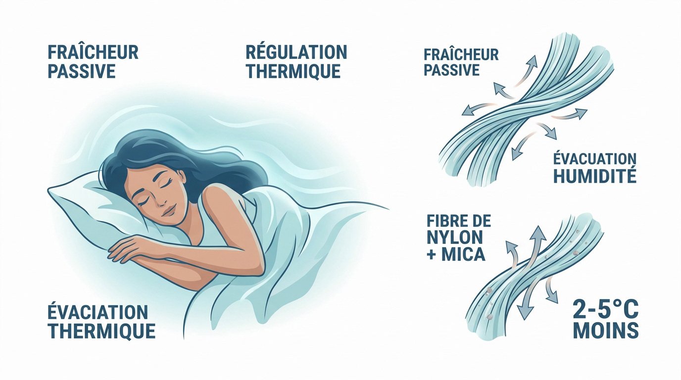 Femme dormant sereinement grâce à la régulation thermique d'une couverture rafraîchissante
