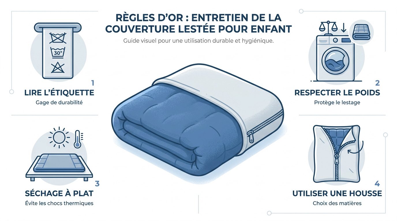 Lavage et entretien d'une couverture lestée pour enfant avec microbilles de verre