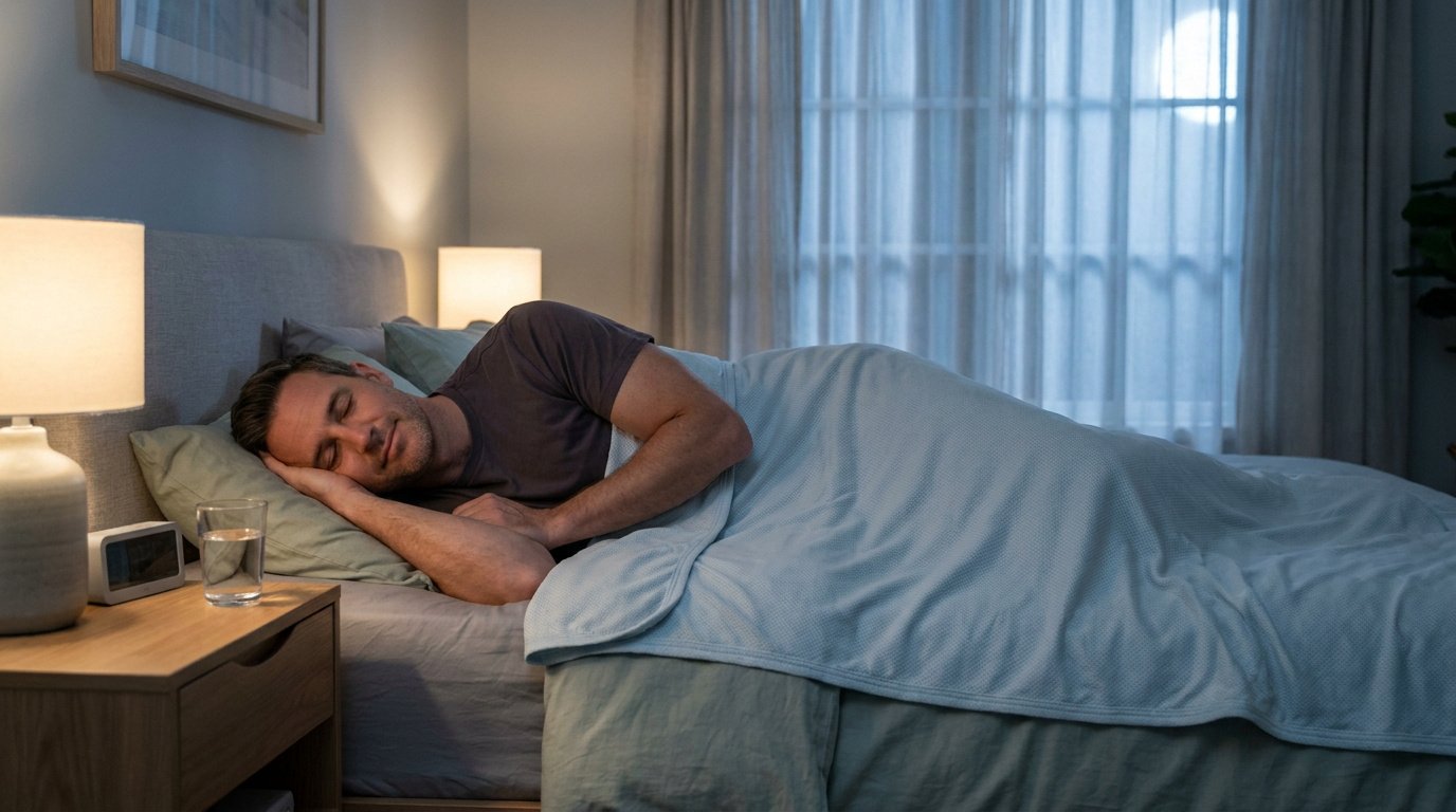 Homme dormant paisiblement dans un lit sous une couverture rafraîchissante bleue, dans une chambre tamisée.