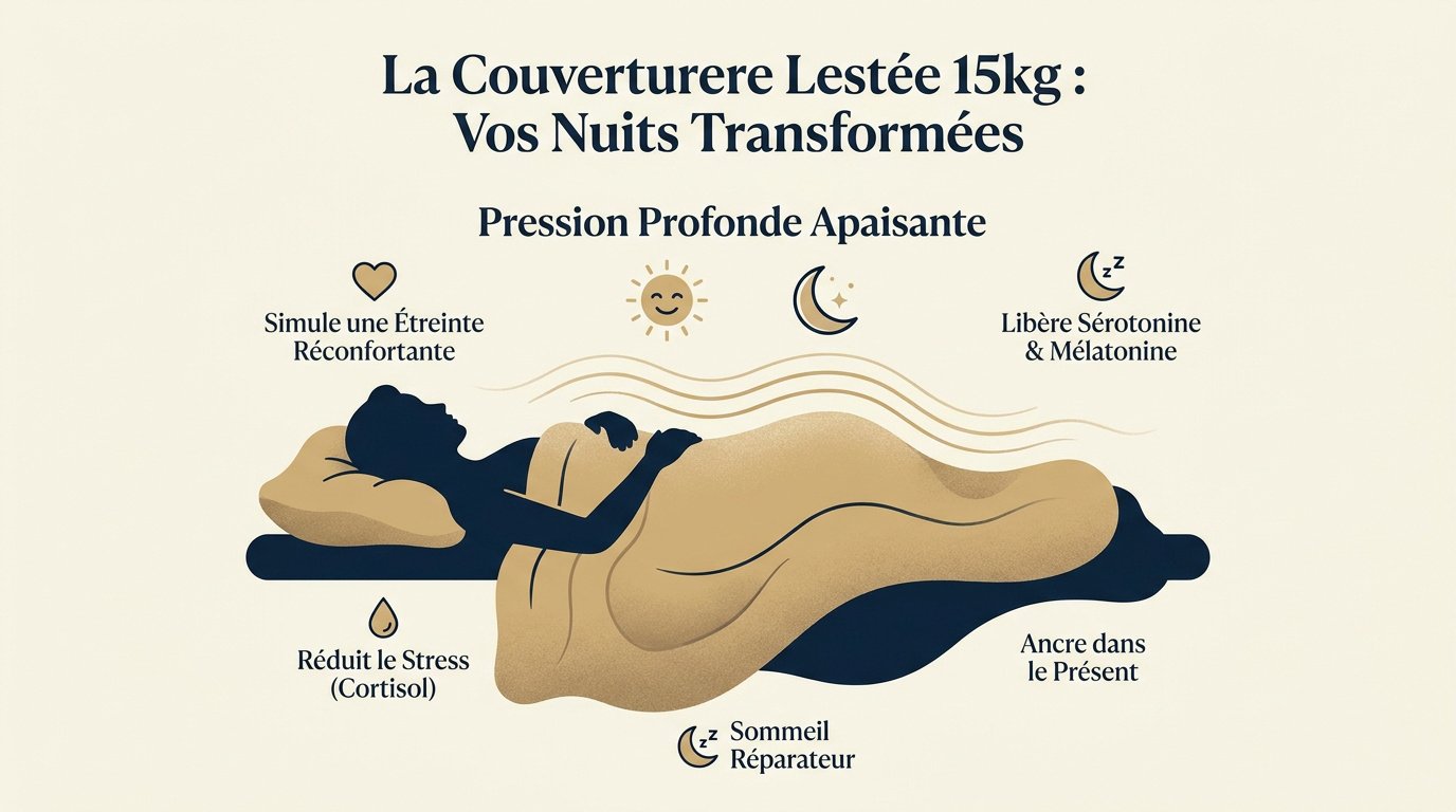 Personne apaisée sous une couverture lestée de 15kg pour adulte