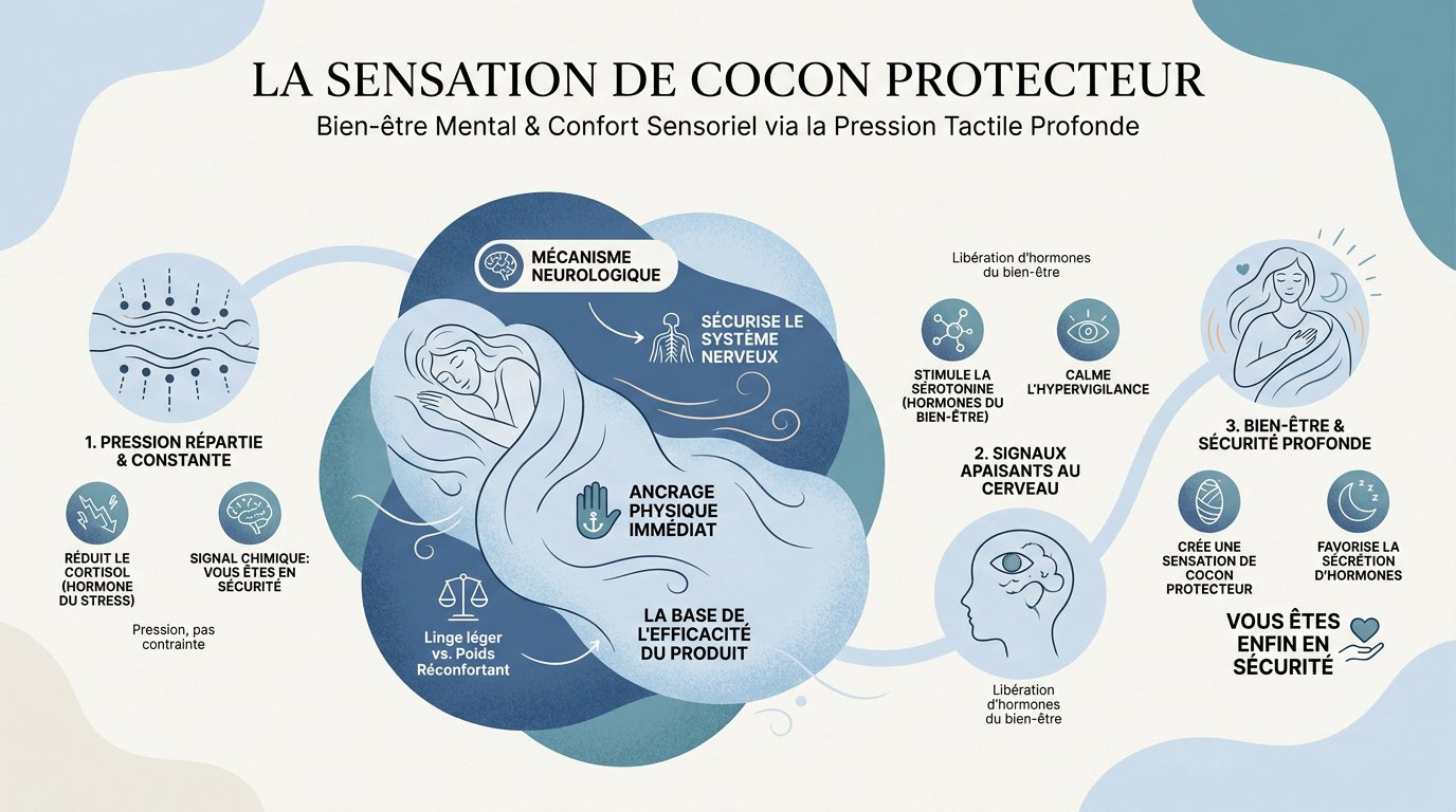 Personne apaisée sous une couverture lestée créant un cocon protecteur