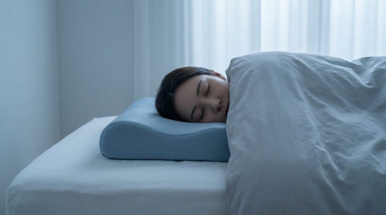 Femme dormant paisiblement sur un oreiller ergonomique bleu clair rafraîchissant.