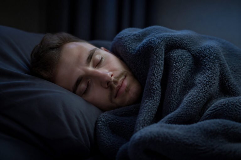 Un jeune homme dort paisiblement sur le côté, enveloppé dans une couverture lestée texturée, dans une chambre sombre.