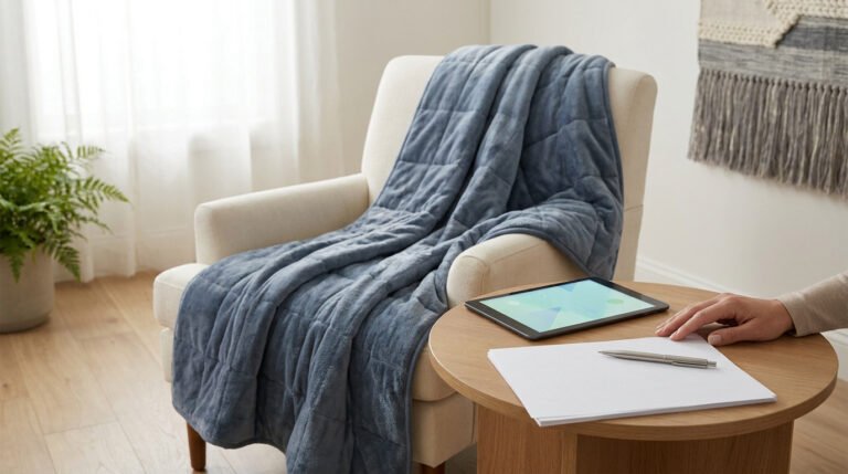 Couverture lestée bleue sur un fauteuil avec une tablette et des documents sur une table basse.