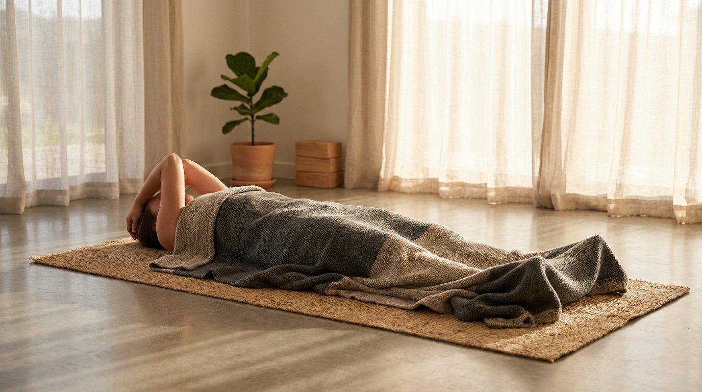 Une personne allongée sur un tapis de yoga, recouverte d'une couverture lestée grise dans un studio lumineux et apaisant.