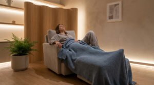 Une personne détendue allongée sur un fauteuil, recouverte d'une couverture lestée bleue dans un cabinet apaisant.