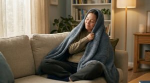 Une femme détendue assise sur un canapé, enveloppée dans une couverture lestée bleue tricotée, dans un salon chaleureux.