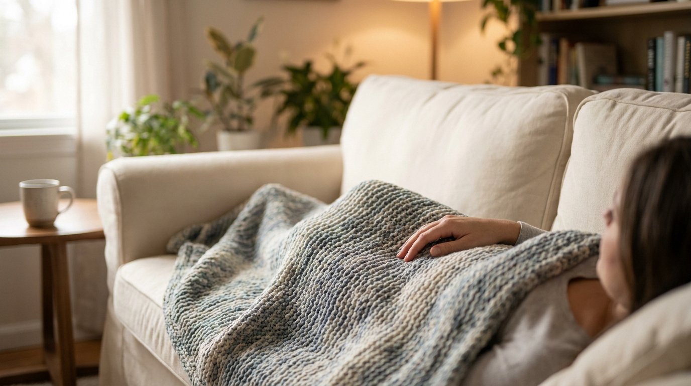 Une personne se repose sous une couverture lestée texturée sur un canapé confortable dans un salon apaisant.