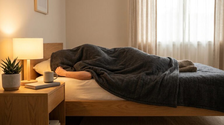 Une personne dort confortablement sous une couverture lestée foncée dans une chambre chaleureuse et lumineuse.