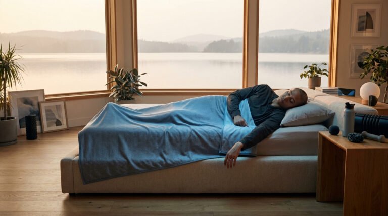 Un homme dort paisiblement sur un lit sous une couverture bleue rafraîchissante face à une baie vitrée au bord de l'eau.