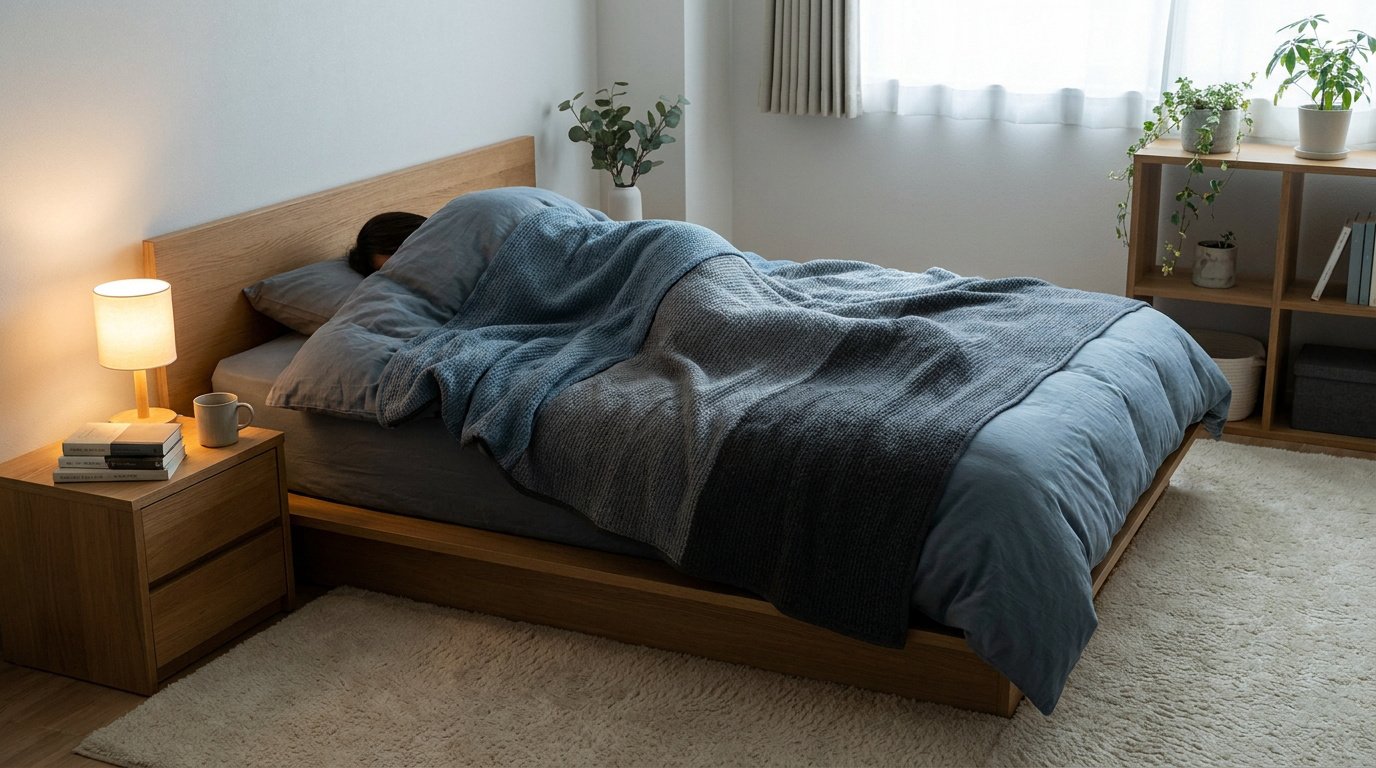 Une personne dort confortablement dans un lit avec une couverture lestée texturée dans une chambre moderne et apaisante.