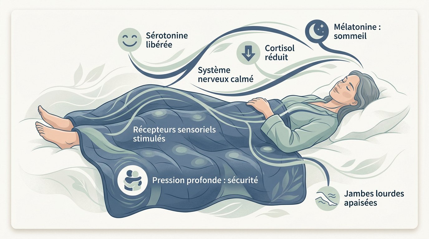 Femme relaxée sous une couverture lestée pour soulager ses jambes