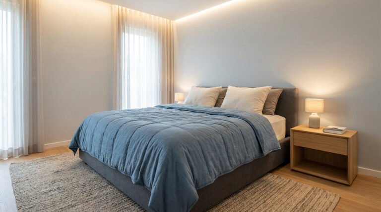 Lit double avec une couverture lestée bleue dans une chambre moderne et lumineuse.