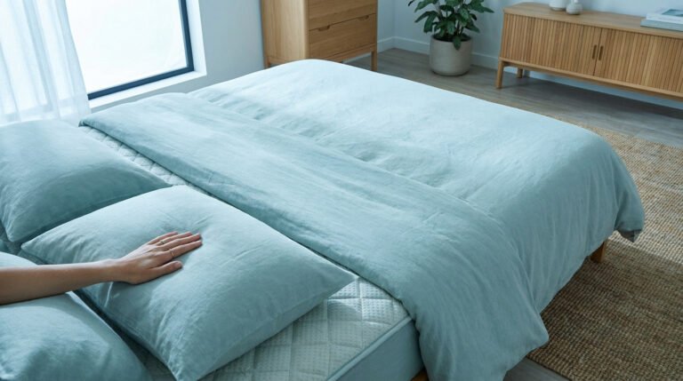 Une main touche un surmatelas rafraîchissant texturé sous une housse de couette bleu ciel dans une chambre moderne.