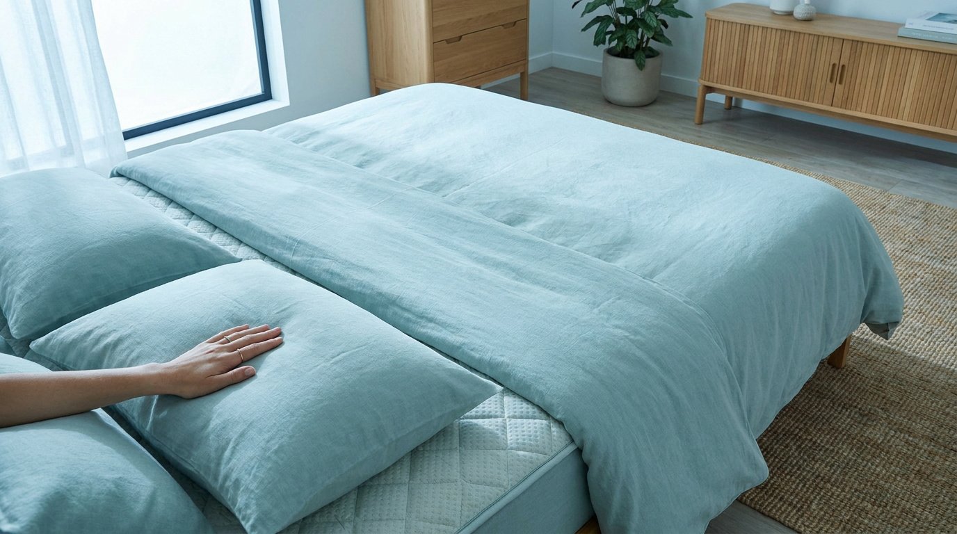 Une main touche un surmatelas rafraîchissant texturé sous une housse de couette bleu ciel dans une chambre moderne.