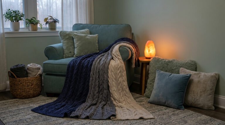 Fauteuil confortable avec couvertures, coussins doux et lampe en sel pour une ambiance sensorielle apaisante.