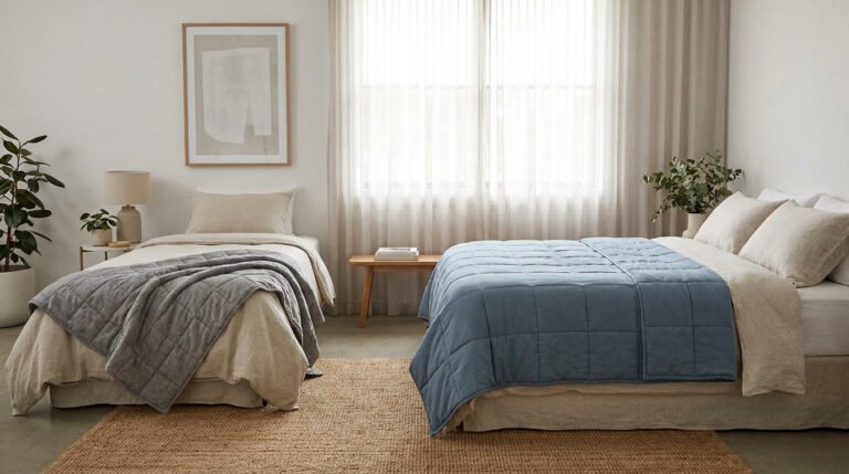 Deux lits avec couvertures lestées grise et bleue dans une chambre lumineuse et minimaliste.
