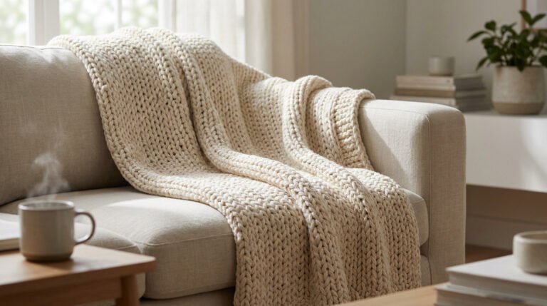 Couverture lestée en grosse maille beige drapée élégamment sur un canapé clair avec une tasse fumante à proximité.