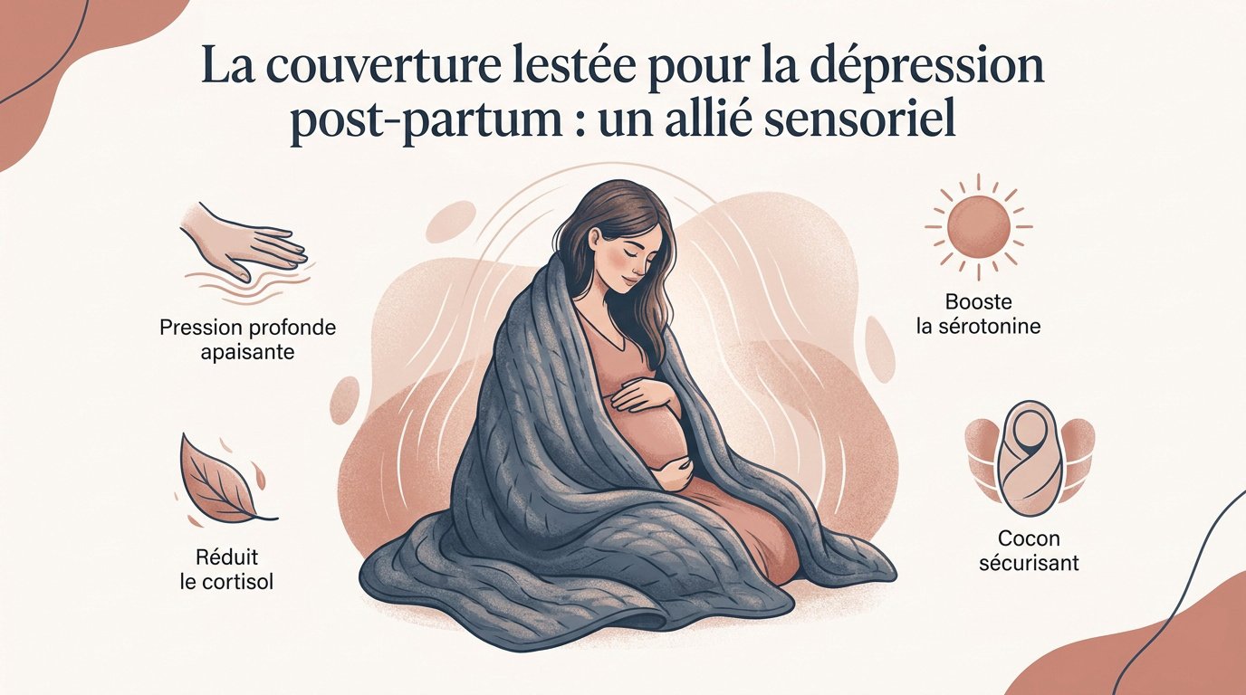 Jeune mère se reposant sous une couverture lestée pour soulager le stress post-partum