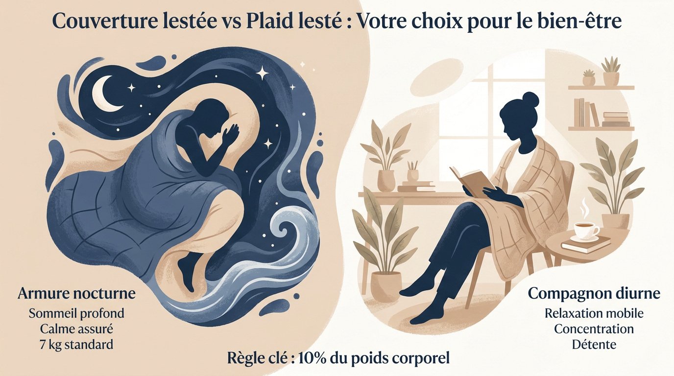 Comparaison entre une couverture lestée sur un lit et un plaid lesté utilisé sur un canapé pour la relaxation