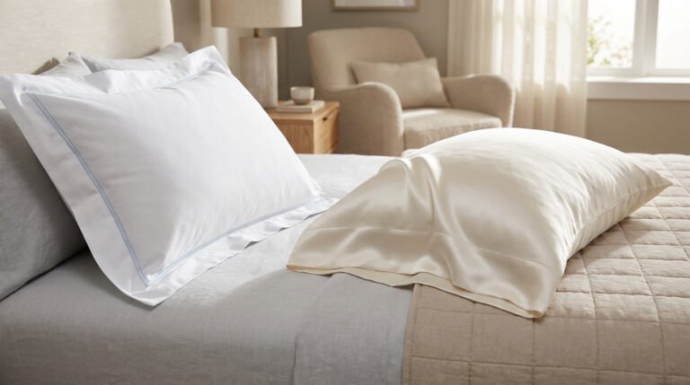 Deux oreillers sur un lit : l'un en coton blanc brodé et l'autre en soie champagne brillante dans une chambre lumineuse.