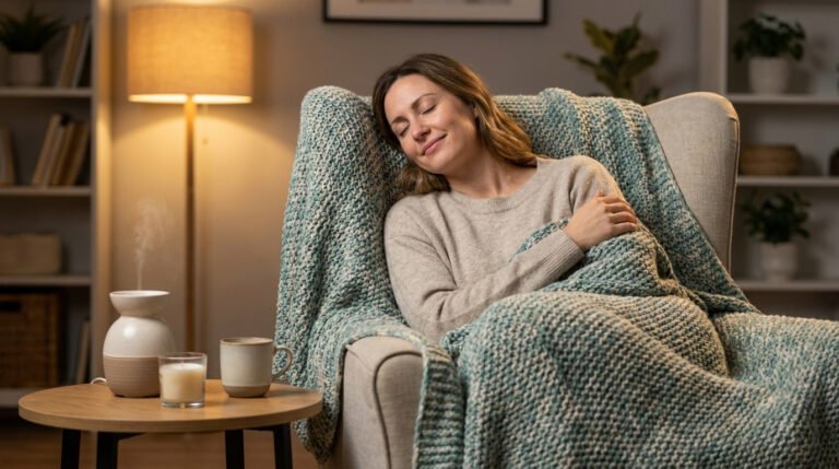 Femme détendue enveloppée dans un plaid sur un fauteuil, avec un diffuseur et une bougie sur une table.