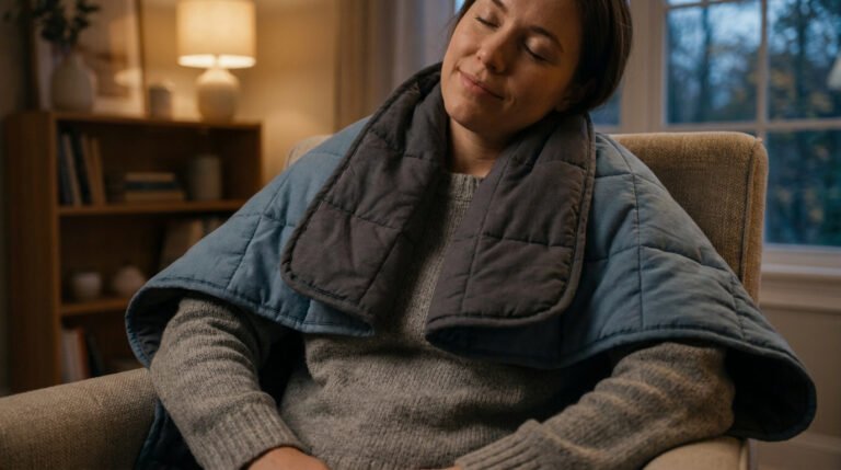 Une femme détendue assise dans un fauteuil, portant une couverture lestée sur ses épaules pour soulager ses cervicales.