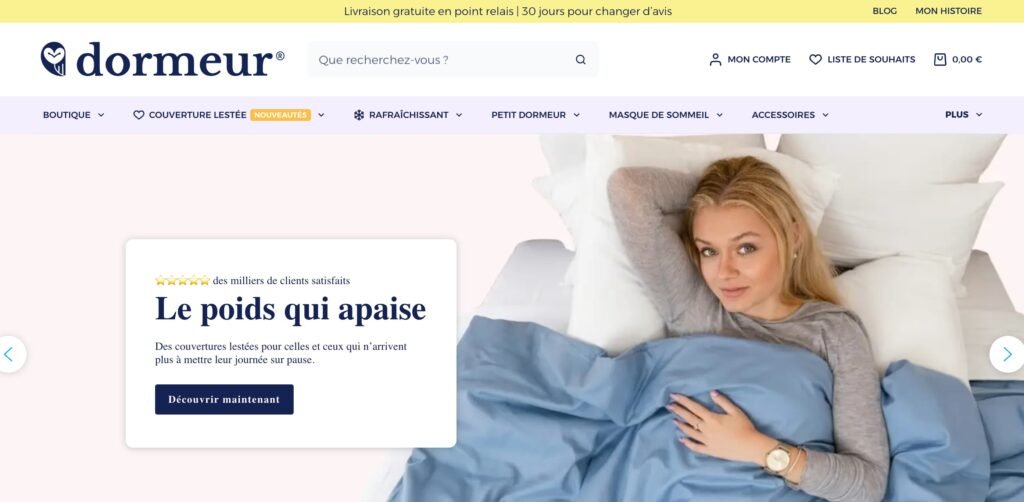 Capture d'écran du menu de navigation d'un site spécialisé en couvertures lestées et accessoires de nuit.