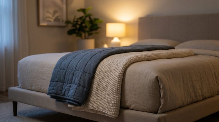 Une couverture lestée gris bleu pliée sur un lit confortable dans une chambre chaleureuse à l'éclairage tamisé.