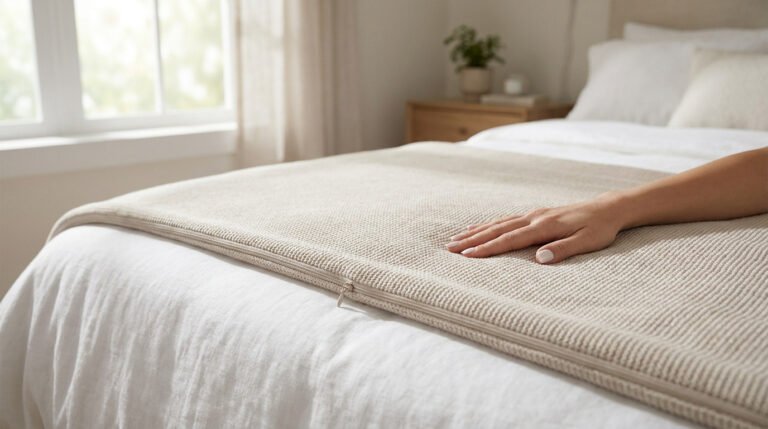 Main posée sur une couverture lestée beige texturée et déhoussable avec fermeture éclair sur un lit.