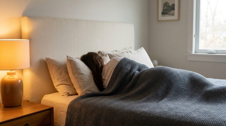 Personne dormant confortablement sous une couverture lestée grise dans une chambre lumineuse et apaisante.