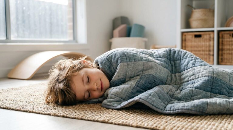 Un jeune enfant allongé sur un tapis en jonc de mer, apaisé sous une couverture lestée bleue dans une salle de thérapie.