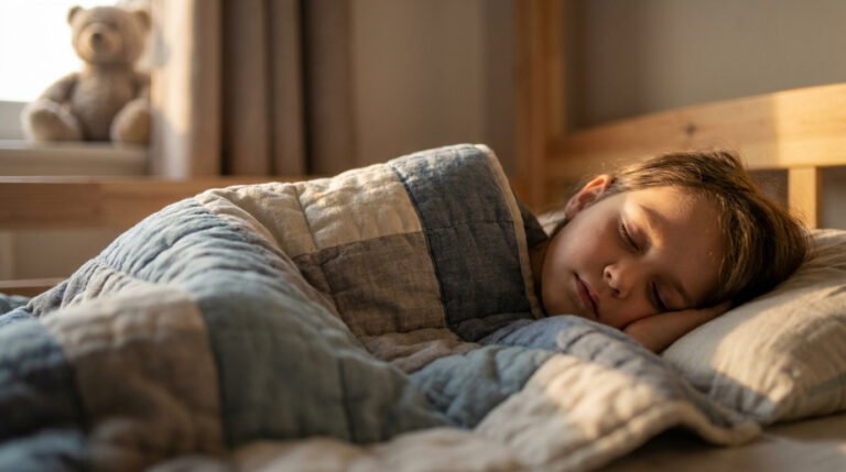 Un enfant dort paisiblement sous une couverture lestée bicolore dans un lit avec un ours en peluche à la fenêtre.