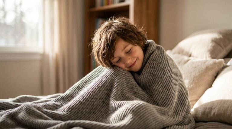 Jeune garçon souriant confortablement enveloppé dans une couverture lestée grise sur un lit.