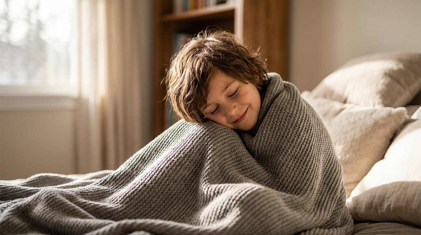 Jeune garçon souriant confortablement enveloppé dans une couverture lestée grise sur un lit.