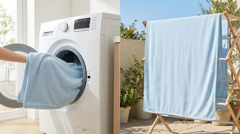Une couverture bleue en train d'être placée dans un lave-linge, puis étendue sur un séchoir à linge en bois.