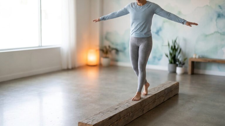 Une personne en tenue de sport marche en équilibre sur une poutre en bois dans une pièce lumineuse et apaisante.