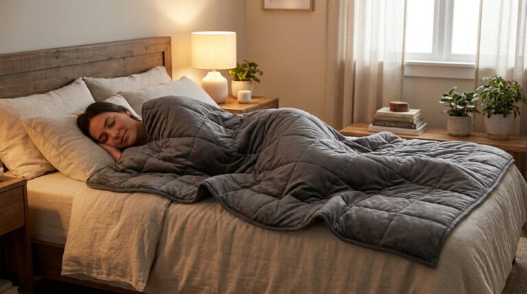 Une femme dort paisiblement sous une couverture lestée grise dans une chambre confortable et chaleureuse.