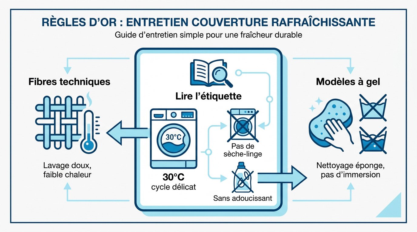 Guide illustré pour l'entretien et le lavage d'une couverture rafraîchissante