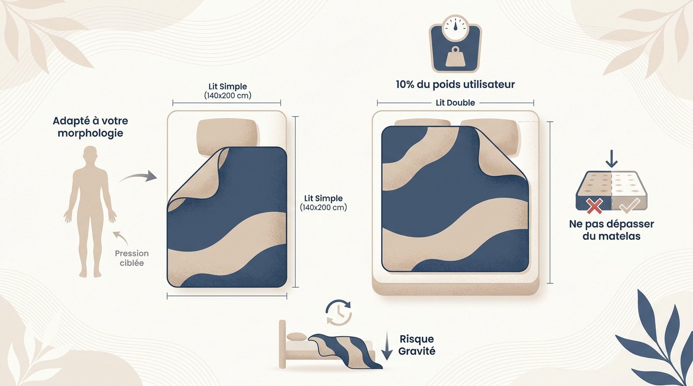 Schéma comparatif des dimensions de couvertures lestées selon la morphologie et la taille du matelas