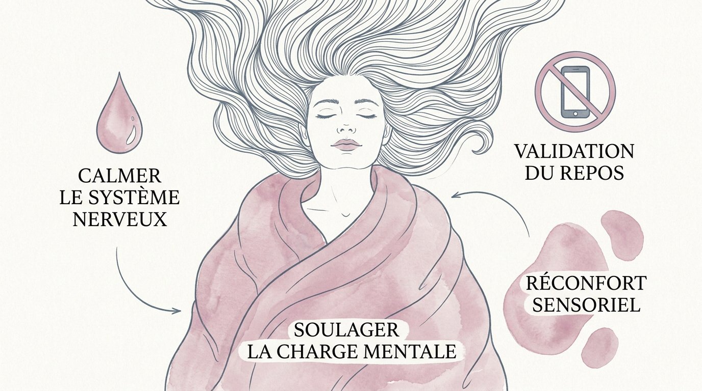 Femme relaxée profitant d'un moment de bien-être pour apaiser sa charge mentale