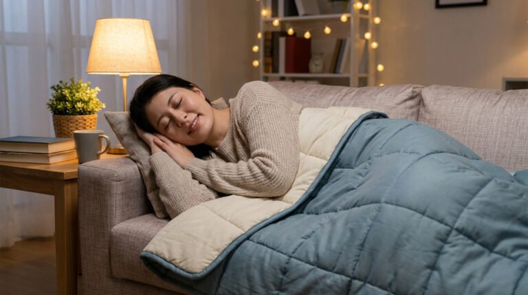 Une femme souriante dort paisiblement sur un canapé, enveloppée dans une couverture lestée bicolore, dans un salon cosy.