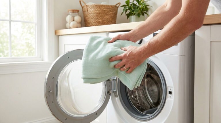 Une personne place une couverture vert menthe pliée dans le tambour d'un lave-linge blanc.